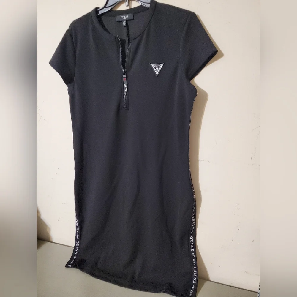 Y2K GUESS Black Logo Tape Quarter Zip Bodycon Scuba Mini Dress XL Athleisure - Picture 3 of 5